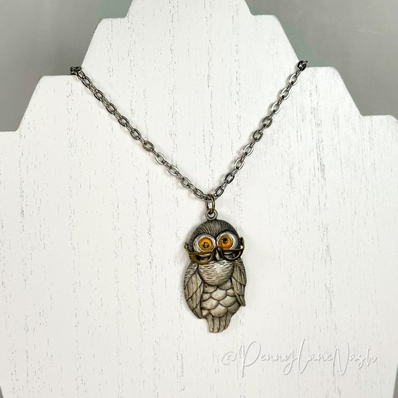 Vintage Jewelry - Vintage Owl w/ Glasses & Crazy Orange Eyes Pendant Necklace